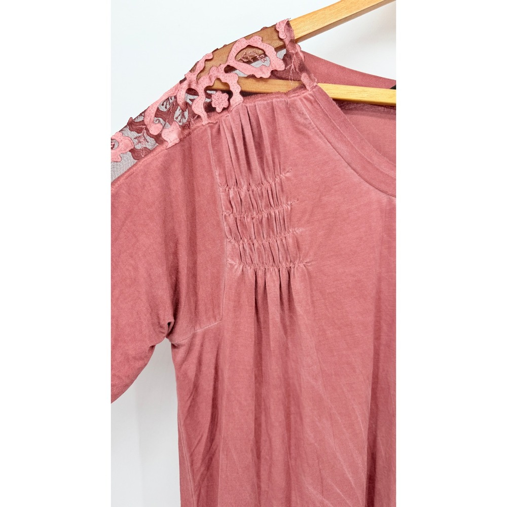 POL Tunic Top Lace Shoulder Smocked Detail Oversized Boho Chic Pink SM** - Picture 6 of 12